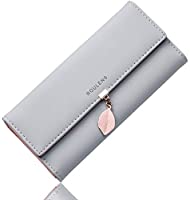 Roulens Wallet for Women RFID Blocking PU Leather Leaf Pendant Card Holder Phone Checkbook Organizer Zipper Coin Purse