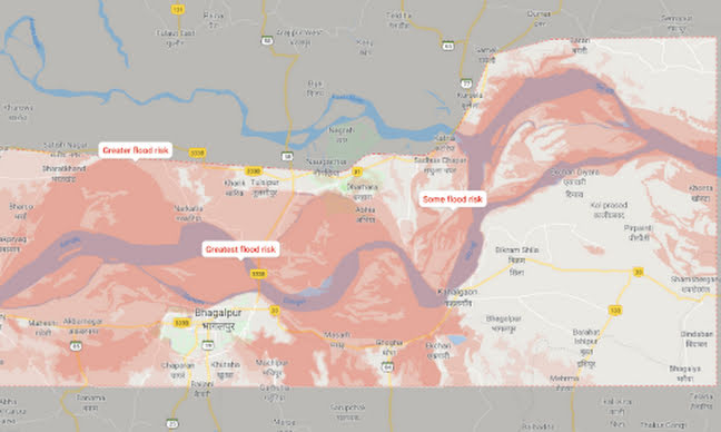 Google flood forecasting map displaying three tiers of risk.