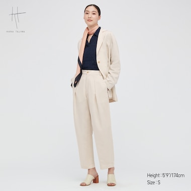 Women Rayon-Linen Tucked Tapered Pants (Hana Tajima), Natural, Medium