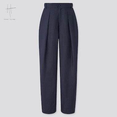 Women Rayon-Linen Tucked Tapered Pants (Hana Tajima), Navy, Medium