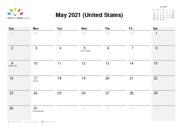 Calendar for 2021 in United States