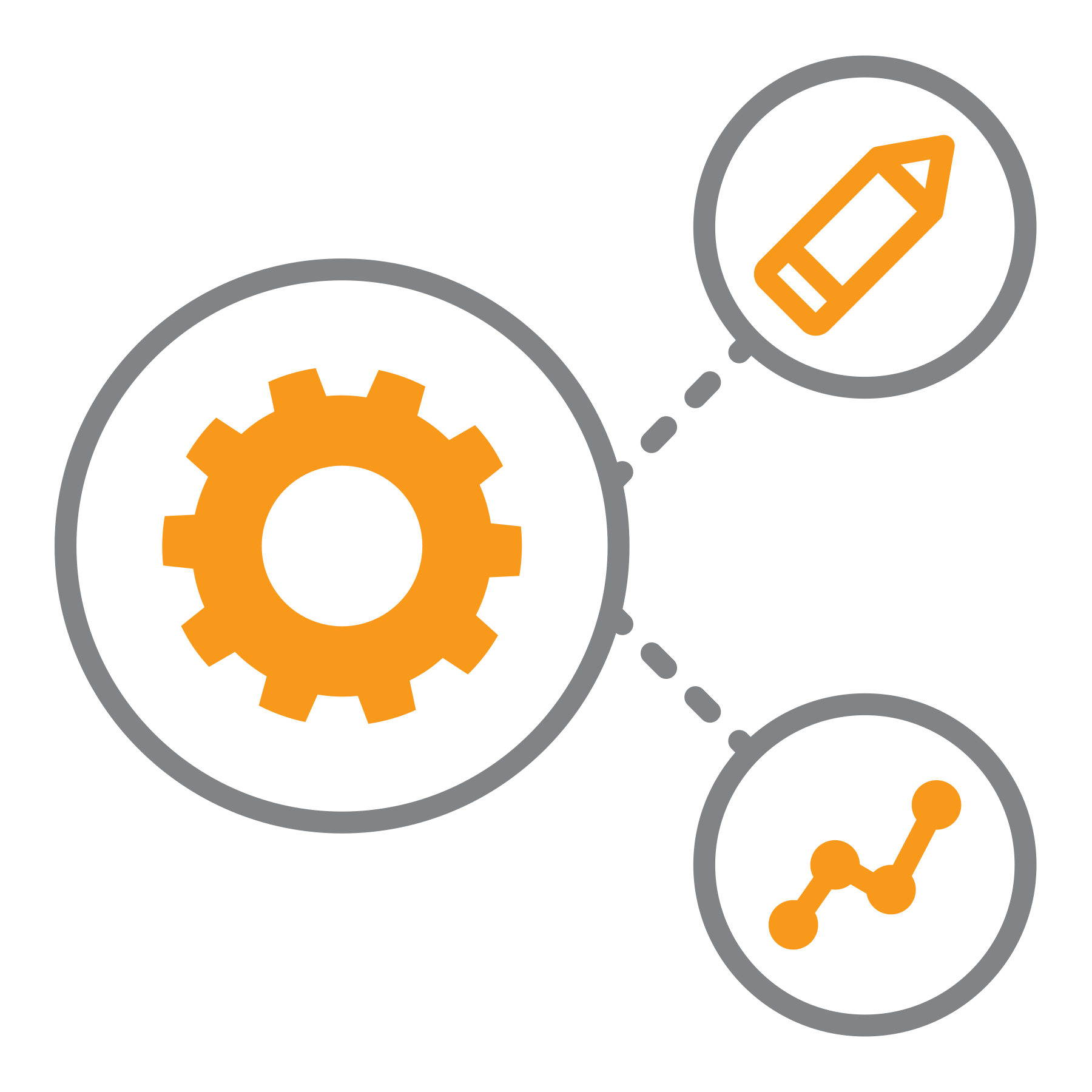 Dotted line connecting cog wheel, pencil, and chart data