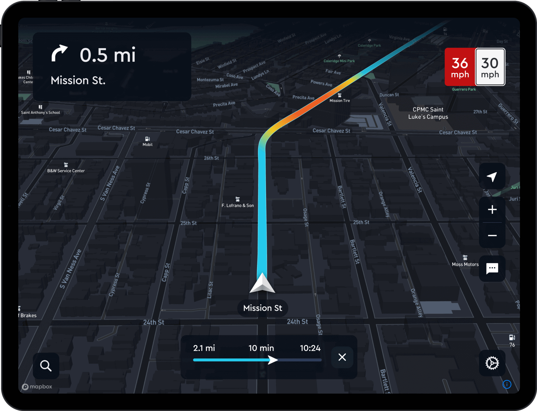 Mapbox navigation on a tablet.