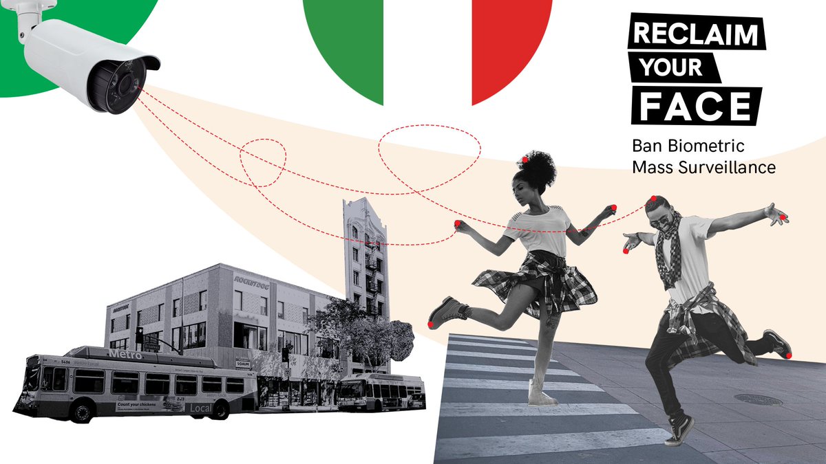 Two people dancing on the street next to a public building. In the background, there is the Italian flag, and the Reclaim Your Face logo