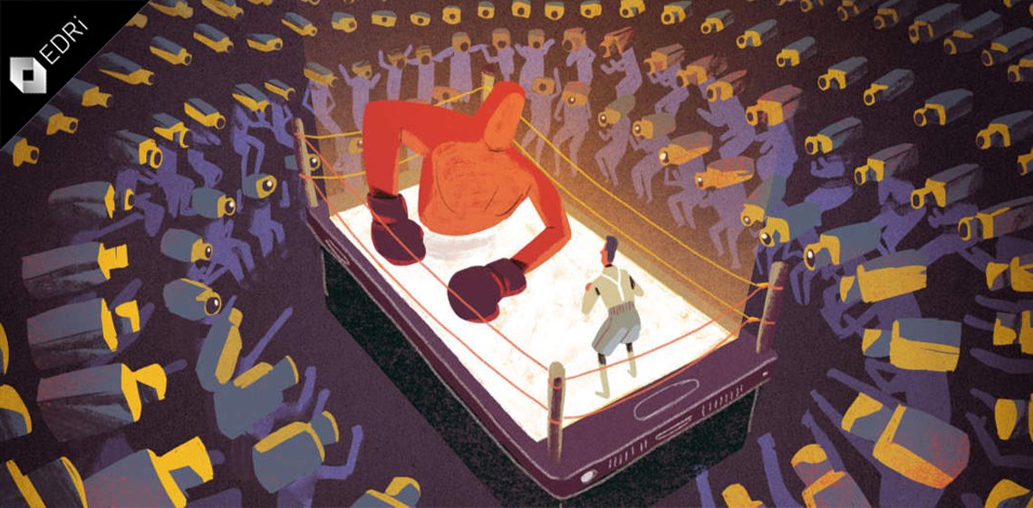 A big red faceless boxer fighting against a human as both are standing on a smartphone screen surveilled by an audience represented by CCTV cameras.