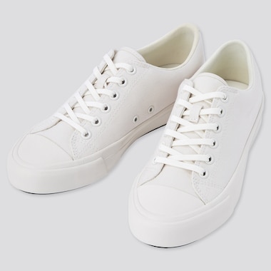 Cotton Canvas Lace Up Sneakers, Off White, Medium