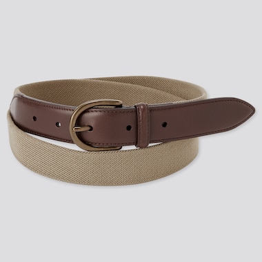 Men Leather Combination Stretch Belt, Beige, Medium