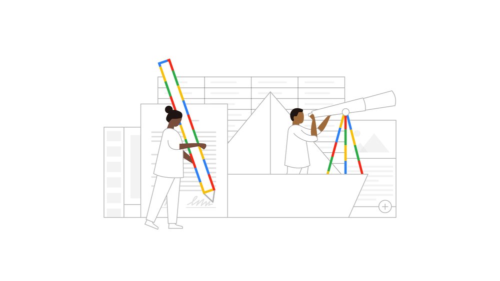 An illustration showing a Black woman holding an oversize rainbow pencil signing a contract, and a Black man using a telescope on a rainbow stand