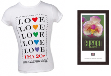 Stamp art prints, shirts, and other gifts available in The Postal Store.