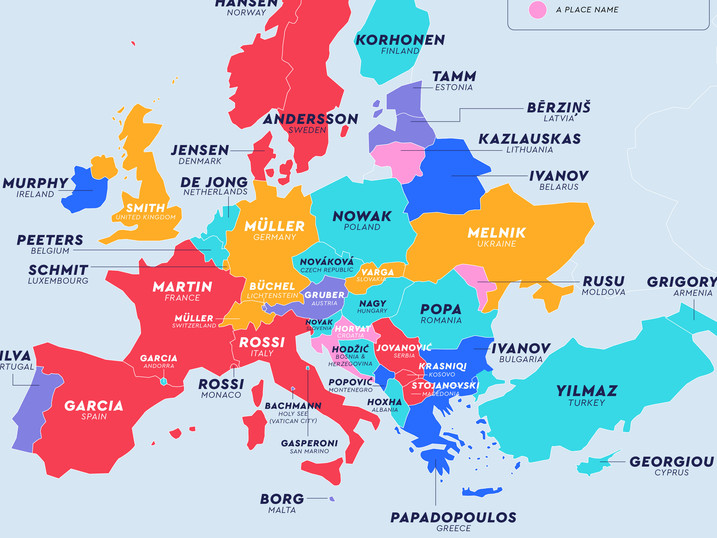 El mapa que muestra los apellidos más comunes en cada país