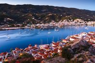 View of Poros island and Galatas village in Peloponnese peninsula.