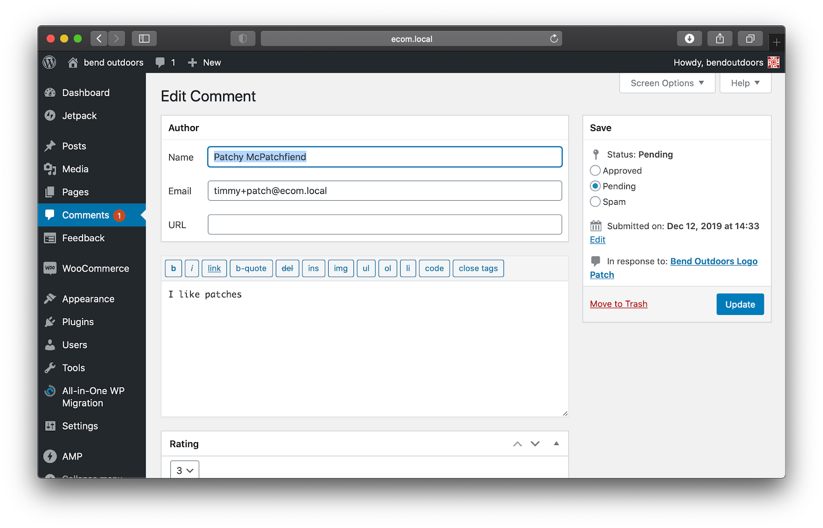 Screenshot of the WooCommerce Edit Comment screen, where a comment (review) can be edited