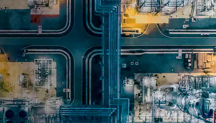 Aerial view of factory at night