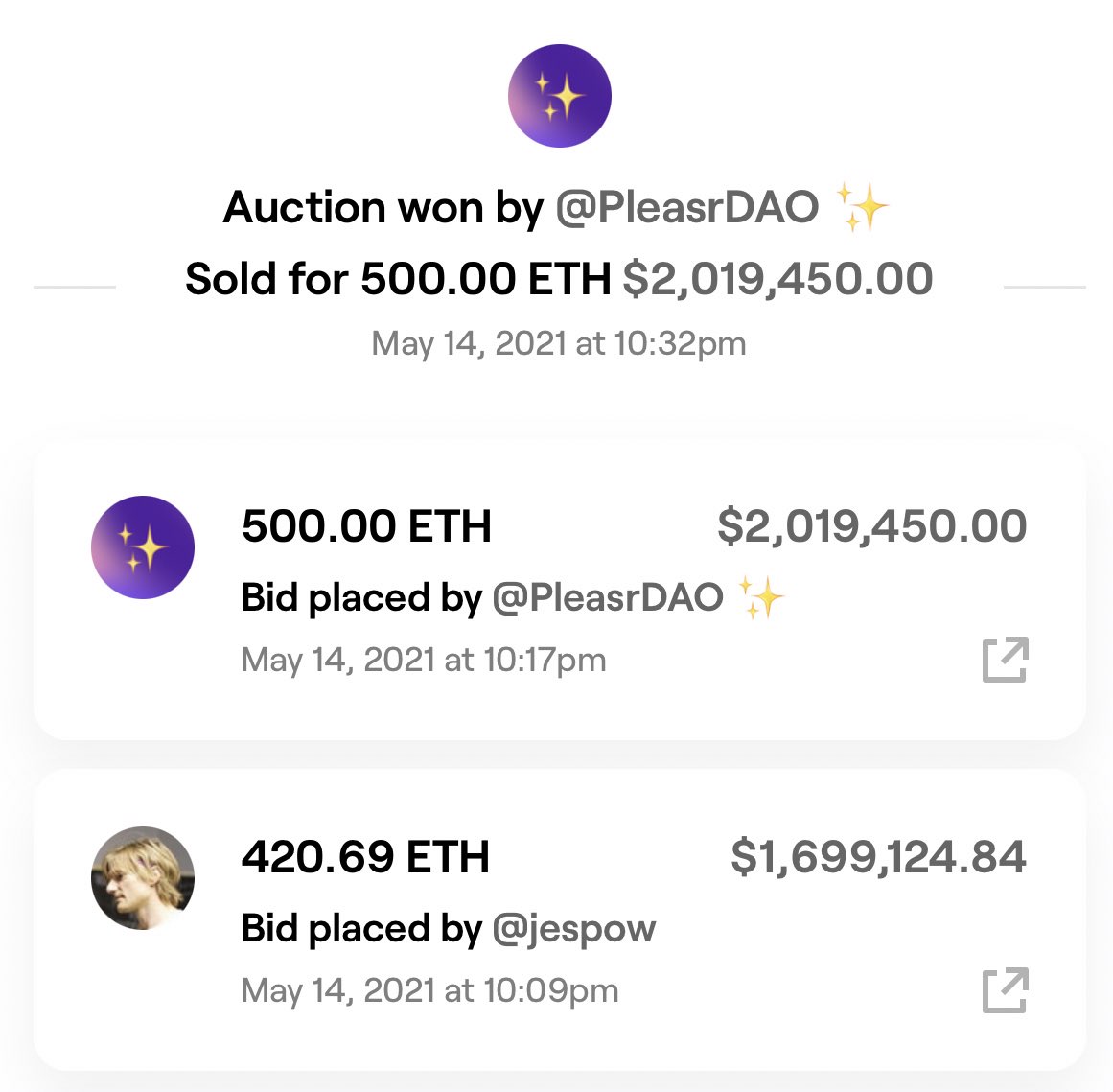 Auction won by @PleasrDAO. Sold for 500.00 ETH $2,019,450