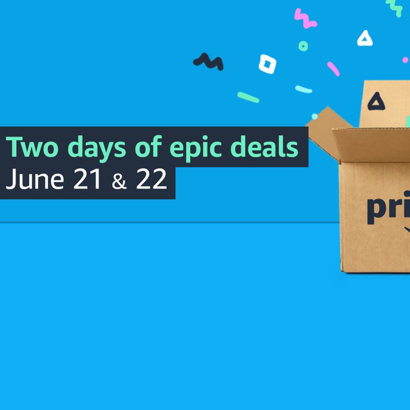 Prime Day box opening with graphics 'exploding' out of the box. The image has a blue background and a text overlay that reads " Two days of epic deals June 21 & 22"