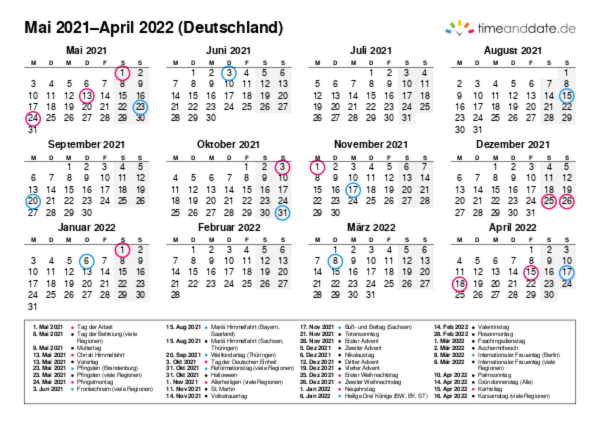 Kalender für 2021 in Deutschland