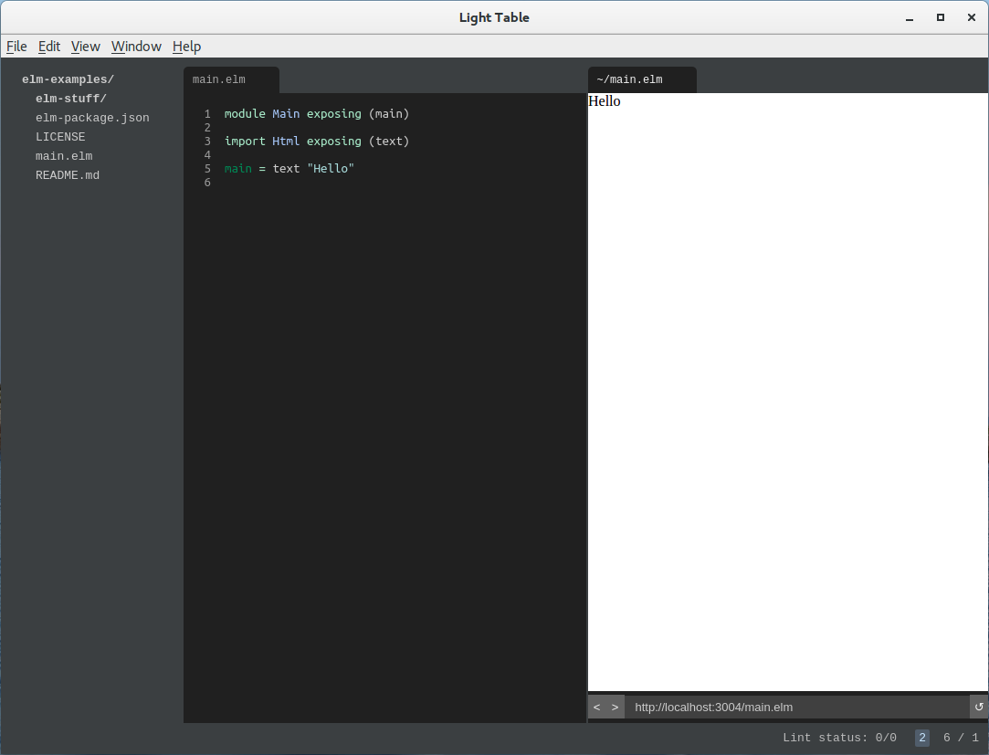 LightTable с запущенным приложением на Elm