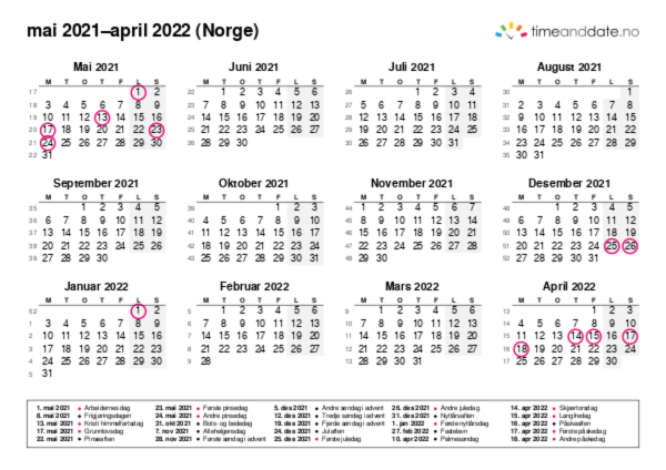 Kalender for 2021 i Norge