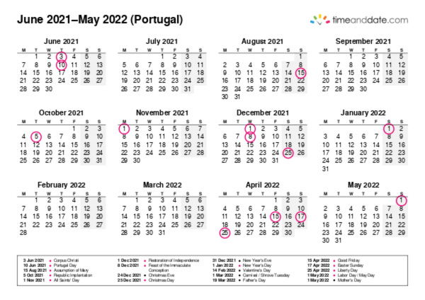 Calendar for 2021 in Portugal