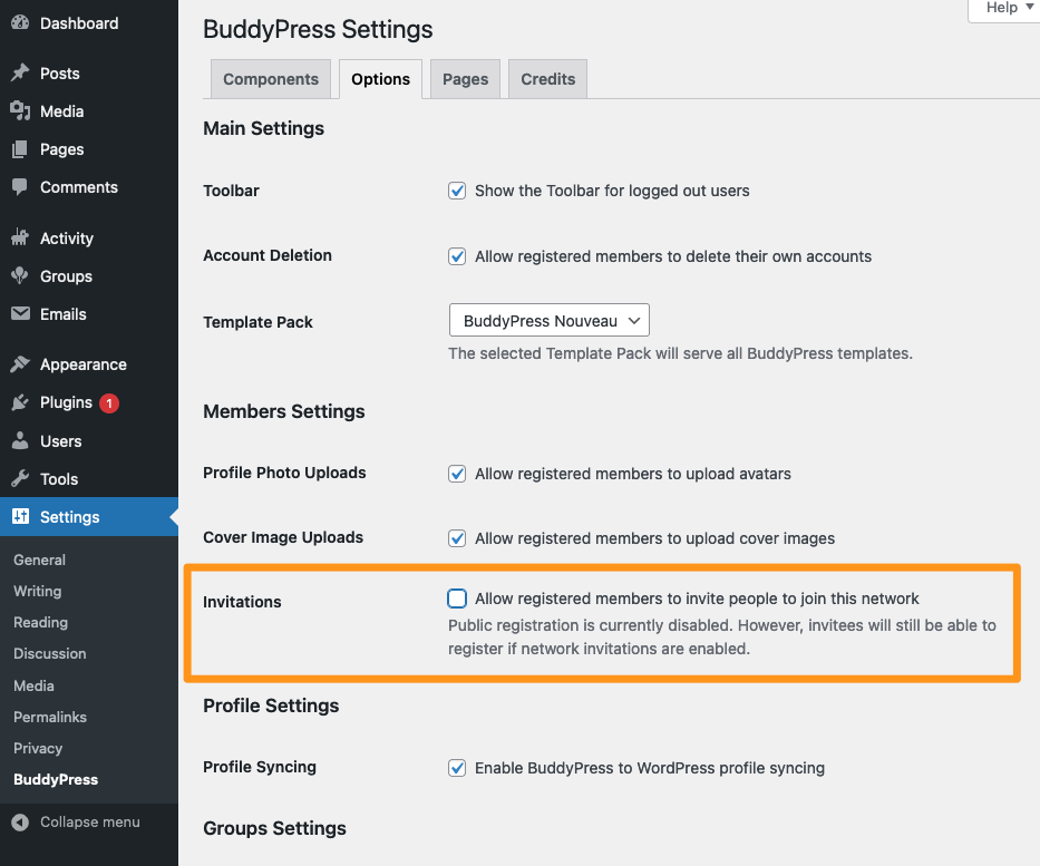The BuddyPress Options screen, with the new invitations option highlighted.