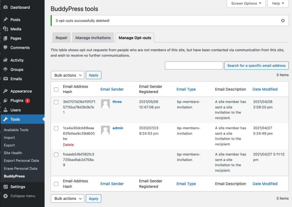 The WP Admin "Manage Opt-outs" screen available to BP site admins.