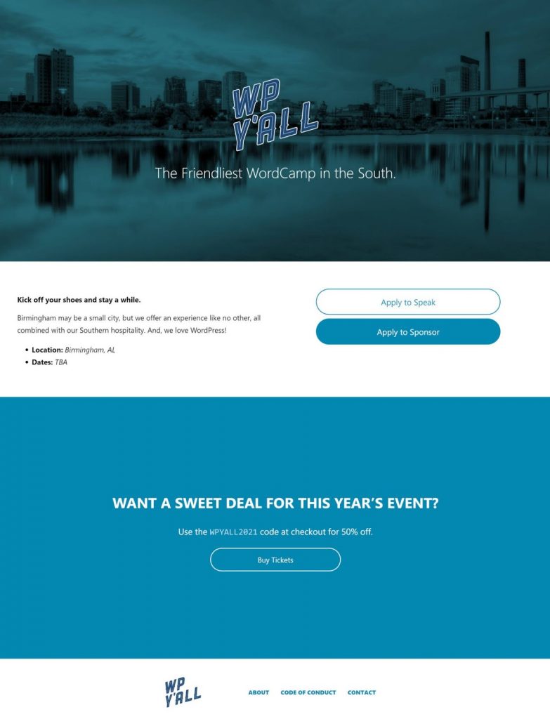 Image showing a pretend landing page for WP Y'ALL with a theme of blue colors. 