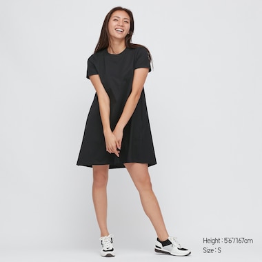 Women Mercerized Cotton Short-Sleeve Mini Dress, Black, Medium