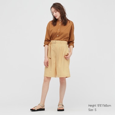 Women Linen Blend Belted Culottes, Yellow, Medium