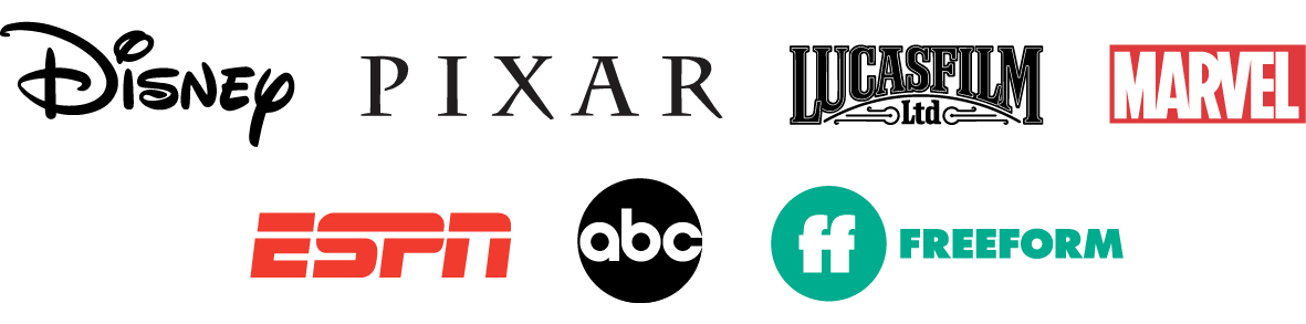 Company logos from Disney, Pixar, Lucas Film, Marvel, E S P N, A B C, and Freeform