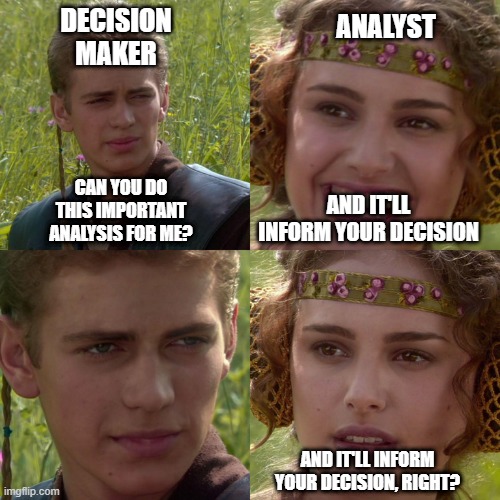 4 panel Anakin Padme meme.  Anakin labelled as Decision Maker. Padme as Analyst. Decision maker says "Can you do this important analysis for me?".  Analyst says excitedly "And it'll inform your decision". Decision maker stares hard. Analyst says axiously "And it'll inform your decision, right?"