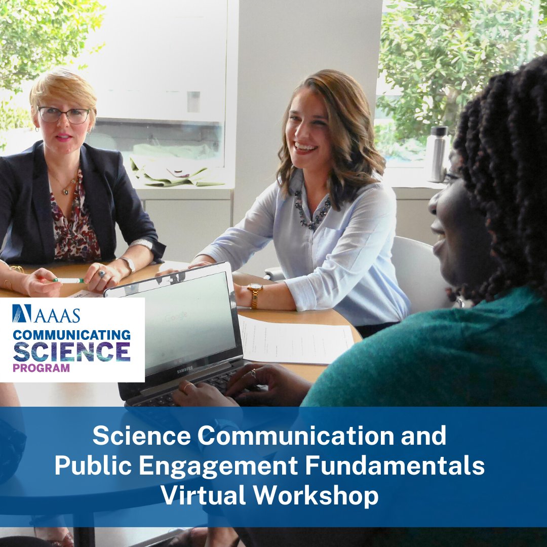 Image: Image: Four women sitting at a table in discussion, with one typing on a laptop
Text: Science Communication and Public Engagement Fundamentals Workshop. Wed., June 23, 2021, 1pm-4pm ET
