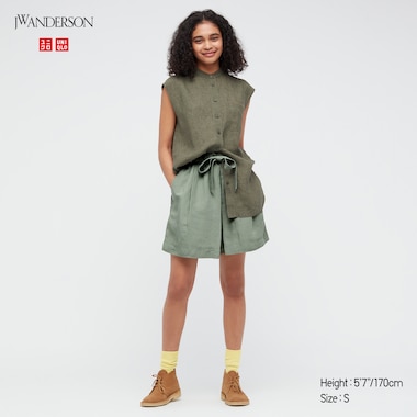 Women Linen-Blend Tucked Shorts (Jw Anderson), Green, Medium