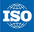 A blue rectangle with a white line drawing of a sphere inside divided longitudinally and latitudinally and emblazoned with the letters "ISO" in white