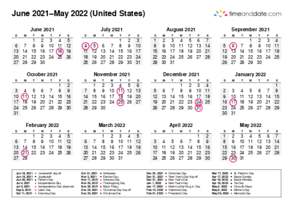 Calendar for 2021 in United States