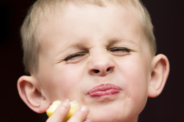 Young boy eating a lemon.