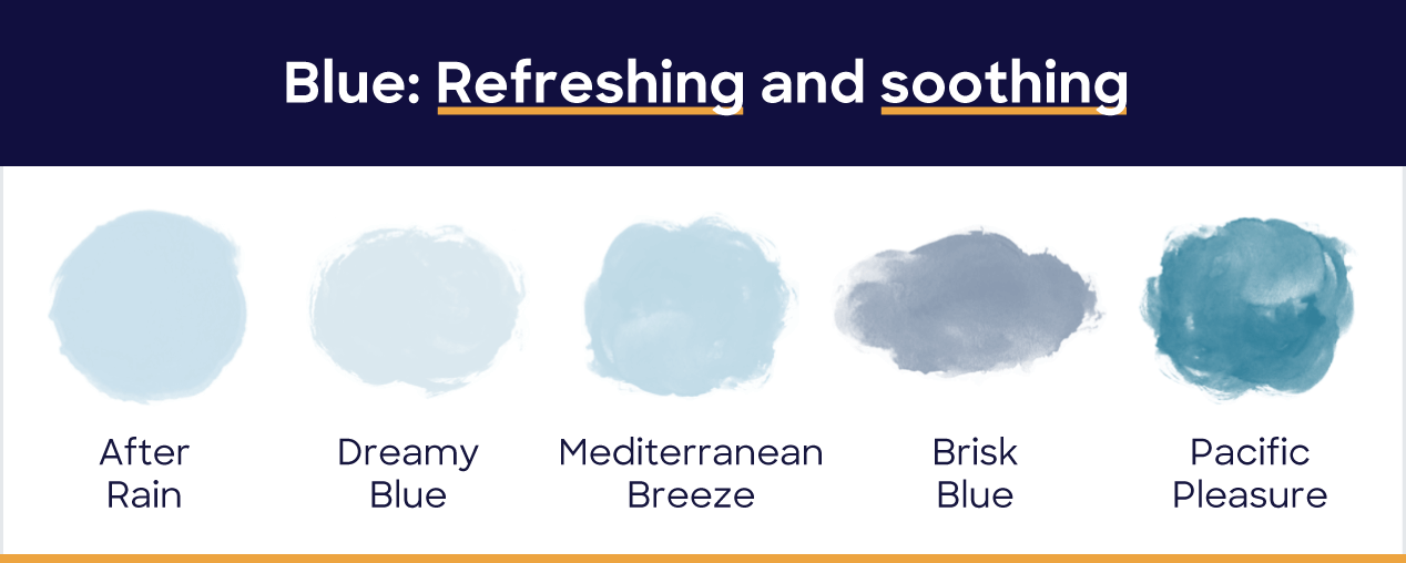Blue: refreshing and soothing. After rain, dreamy blue, mediterranean breeze, brisk blue, pacific pleasure