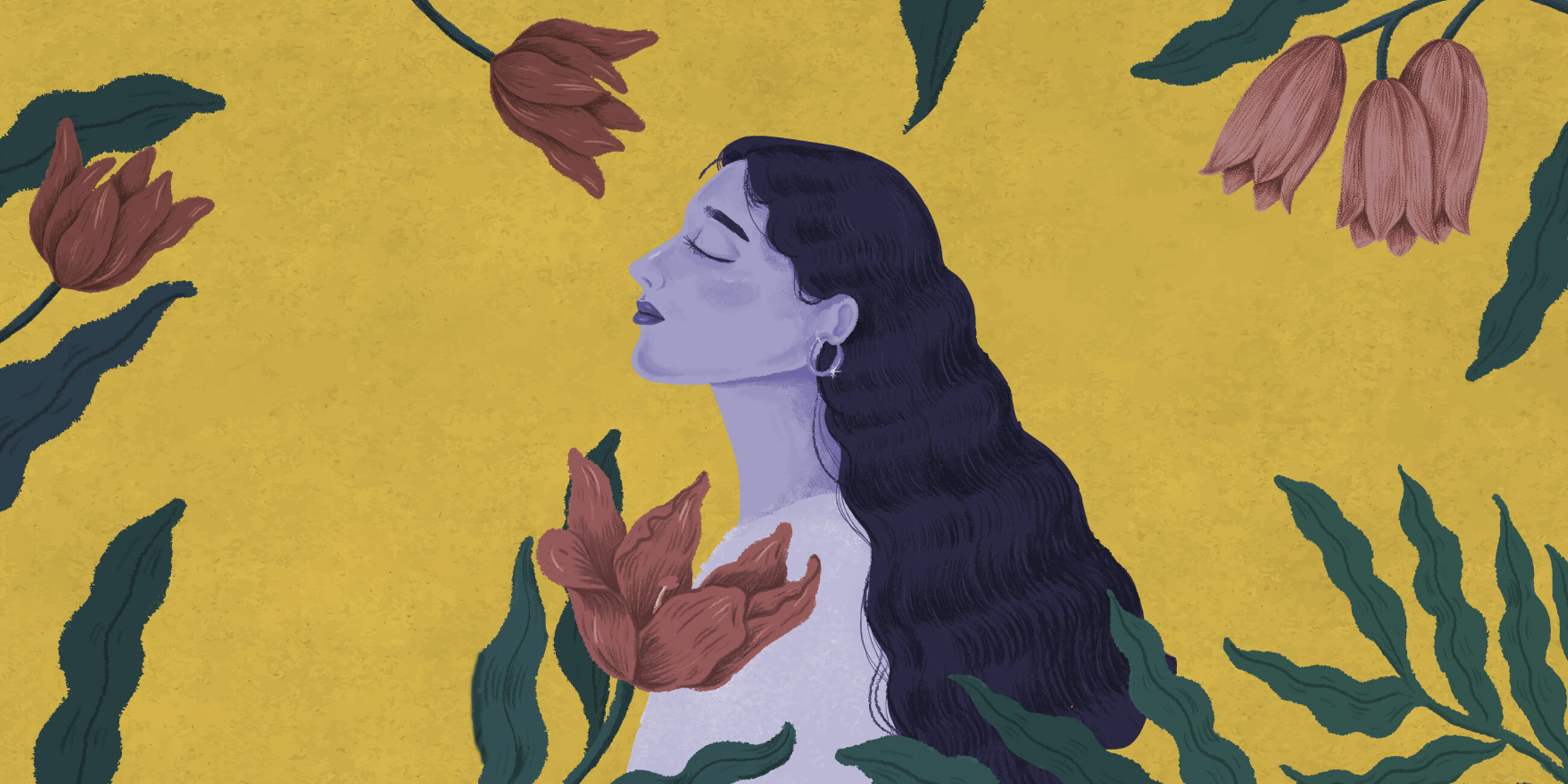 An illustration of a woman's profile on a yellow backdrop surrounded with foliages and flowers. 