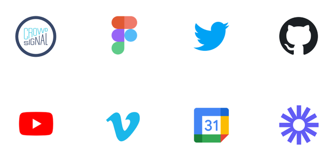 Logos for Crowdsignal, Figma, Twitter, GitHub, YouTube, Vimeo, Google Calendar, and Loom