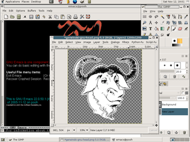 Снимок рабочего стола операционной системы, основанной на GNU (показаны среда GNOME, редакторы GIMP и Emacs)