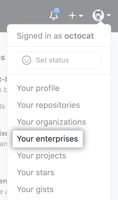 "Suas empresas" no menu suspenso para a foto do perfil em GitHub