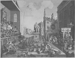 A monochrome illustration of an outdoor scene. In the background, a building is under construction. A tall church, and other ornate structures, are also visible. To the left, a judge, seated high above everybody else, watches over the scene before him. Below him, riflemen shoot at a dove of peace flying through the air. In the middle of the image, two gardeners tend to a display of shrubbery. One pumps water from a large ornate fountain, the other struggles with a wheelbarrow. To the right, two figures, a man and a ghost, are stood in a pillory. Behind them, in the shade, a wigged man tends to his followers.