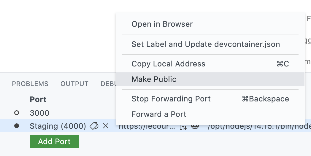 Option to make port public in right-click menu