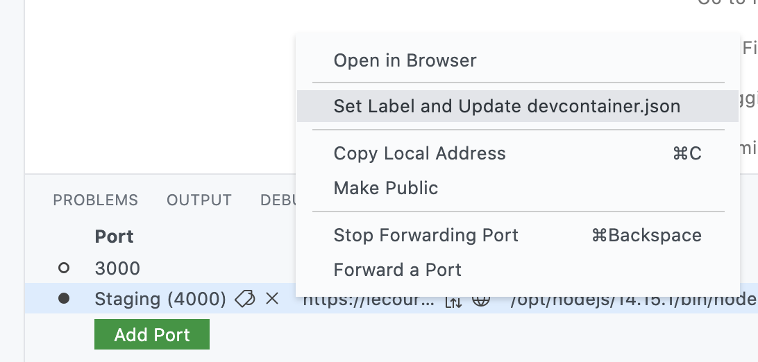 Option to set label and add port to devcontainer.json in the right-click menu