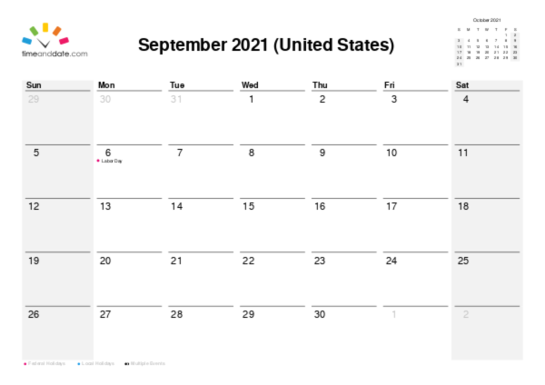 Calendar for 2021 in United States