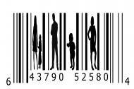 Bar code with people silhouetted between the bars.