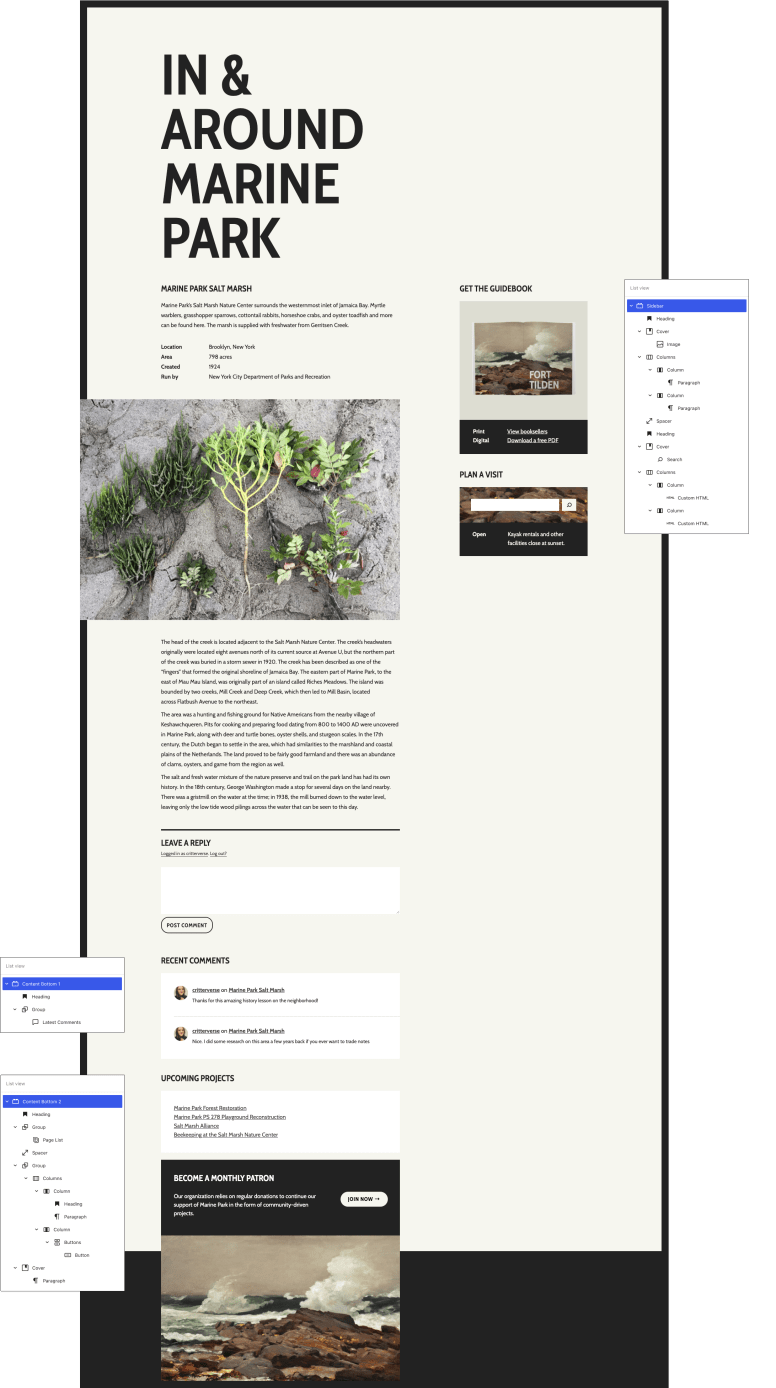 Zoomed-out view of a single post with one sidebar widget area and two footer widget areas. The site content is about Marine Park Salt Marsh. There are is a “List view” of blocks floating next to each widget area showing how the design is constructed.