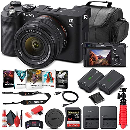 Sony Alpha a7C Mirrorless Digital Camera with 28-60mm Lens (Black) (ILCE7CL/B) + 64GB Memory Card + NP-FZ-100 Battery + Corel Photo Software + Case + External Charger + Card Reader + More (Renewed)