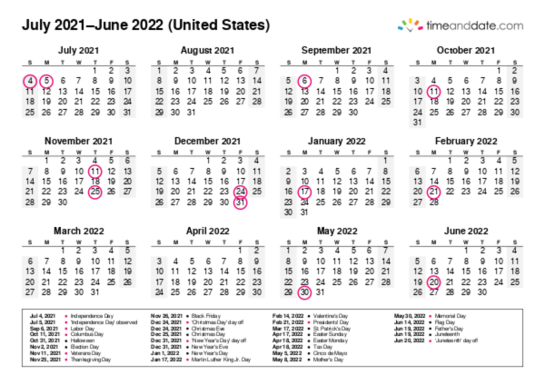 Calendar for 2021 in United States