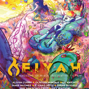 cover art for FIYAH #19: Sound and Color. An astronaut reclines on padded flora on an alien planet, beside a river and a pink, three-eyed tiger circles them.
