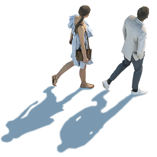 two people walking, casting shadows
